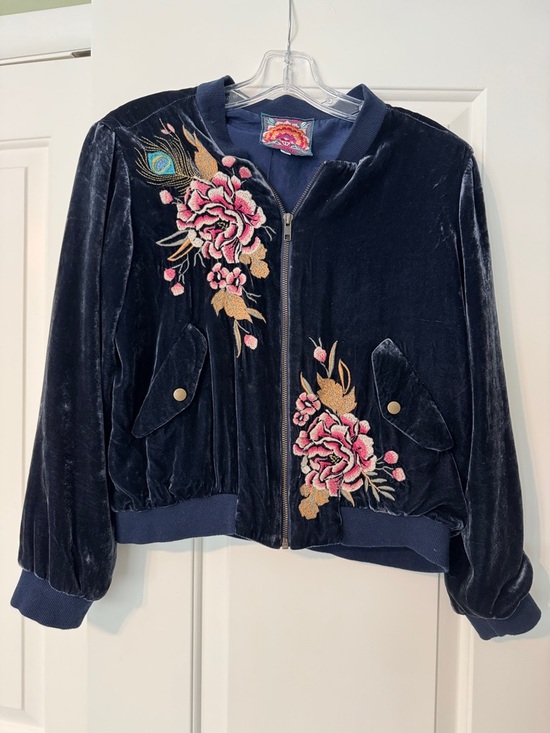 Steven Alan Jackets & Blazers - Johnny Was velvet Navy Jacket with Fuchsia & Yellow Embroidered Floral Patch